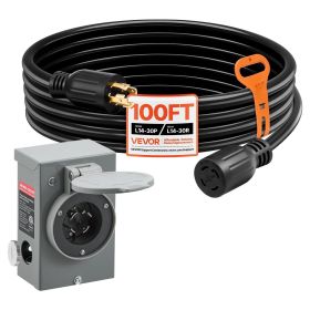 30 Amp Generator Cord and Power Inlet Box, 100 FT, 125/250V NEMA L14-30P to L14-30R Heavy Duty Extension Power Cord, SJTW 10AWG 7500W