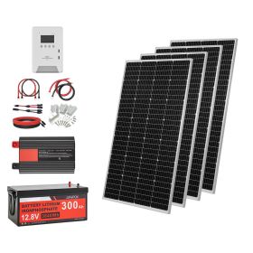 800W 12V Complete Solar Power Kit, 4*200W Monocrystalline Solar Panels + 12.8V 300Ah LiFePO4 Battery + 60A MPPT Charge Controller + 2000W Power Inver