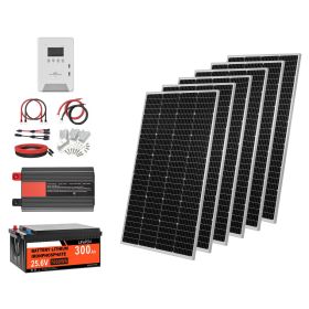 1200W 24V Complete Solar Power Kit, 6*200W Monocrystalline Panels + 25.6V 300Ah LiFePO4 Battery + 60A MPPT Charge Controller + 3KW Power Inverter, Hi