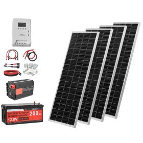 400W 12V Complete Solar Power Kit, 4PCS 100W Monocrystalline Solar Panels + 12.8V 200Ah LiFePO4 Battery + 40A MPPT Charge Controller + 2000W Power In