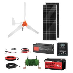 12V 600W Solar Wind Power Kit, 2PCS 100W Solar Panel + 400W Wind Turbine + 12.8V 100Ah LiFePO4 Battery + 1000W Power Inverter + MPPT Hybrid Controlle