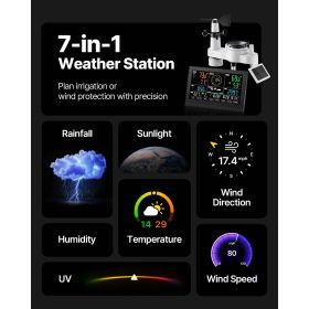 7-in-1 Wi-Fi Weather Station with APP, 7.5-Inch VA Display, Wireless Solar Powered Outdoor Sensor, Rain Gauge, Indoor Outdoor for Weather Forecas