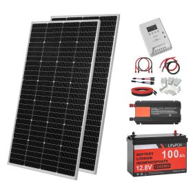 400W 12V Complete Solar Power Kit, 2PCS 200W Monocrystalline Solar Panels + 12.8V 100Ah LiFePO4 Battery + 40A MPPT Charge Controller + 1000W Power In