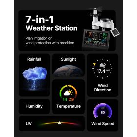 7-in-1 Wi-Fi Weather Station with APP, 7.5-Inch VA Display, Wireless Solar Powered Outdoor Sensor, Rain Gauge, Indoor Outdoor for Weather Forecas